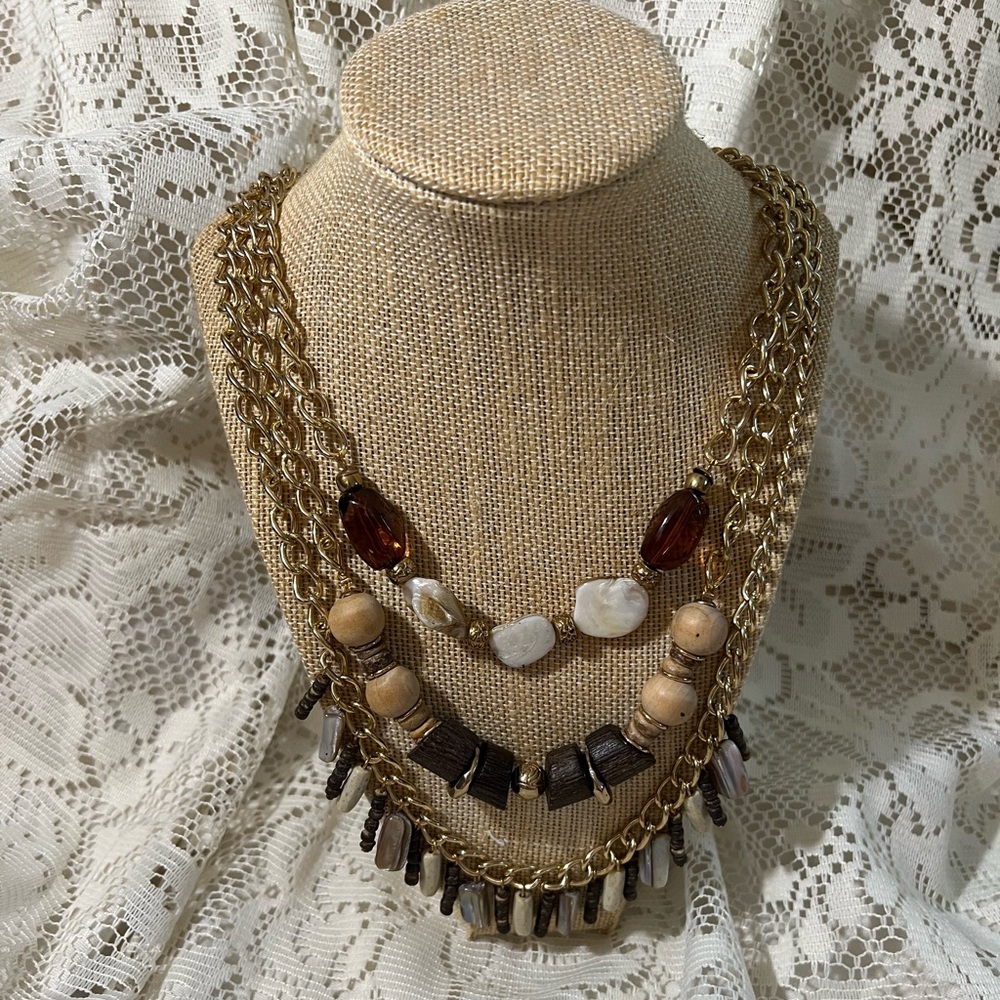 Sonoma Life Style Gold Tone Layered Necklace Genuine Shell Wood Bead KS12790NT